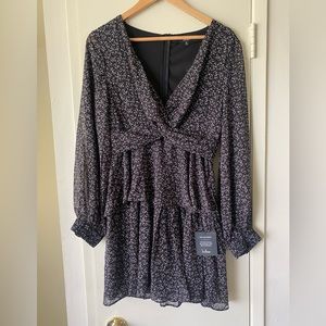 Lulus Tell You I Love You Black Floral Print Twist-Front Mini Dress NWT